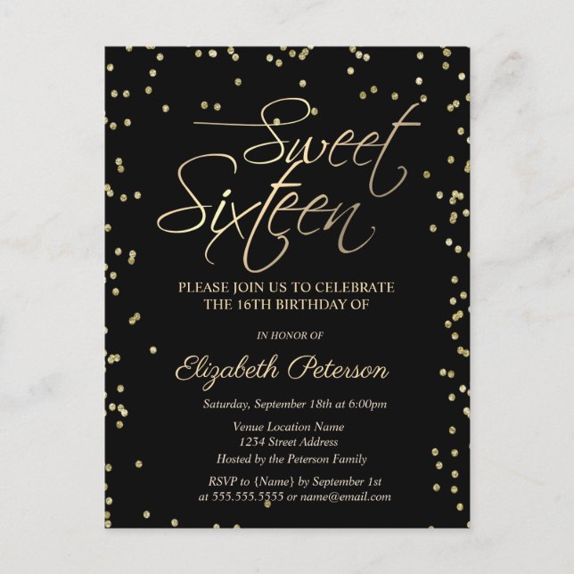 Simple Gold Diamonds Black Sweet 16 Einladung (Vorderseite)
