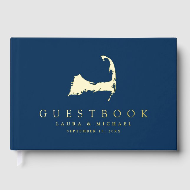 Simple Gold Foil Cape Cod Map Wedding Gästebuch (Vorderseite)