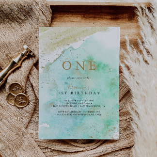 Simple Gold Green Minimalistisch First Birday Part Einladung