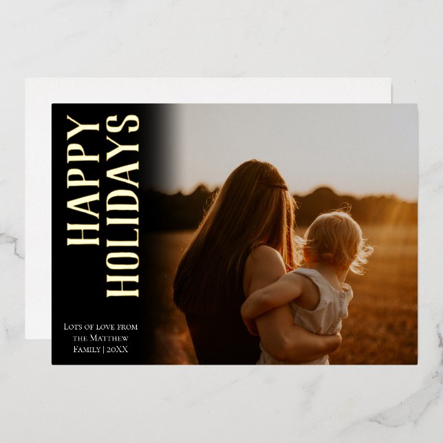 Simple Gold Modern Joyeux Vacances Famille Photo (Recto/Verso)