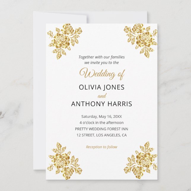 Simple Gold Roses Elegant Modern Floral Wedding  Einladung (Vorderseite)