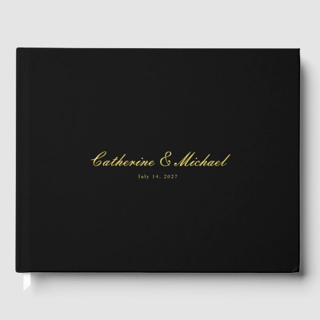 Simple Gold Script Black Wedding Guest Book Gästebuch (Vorderseite)