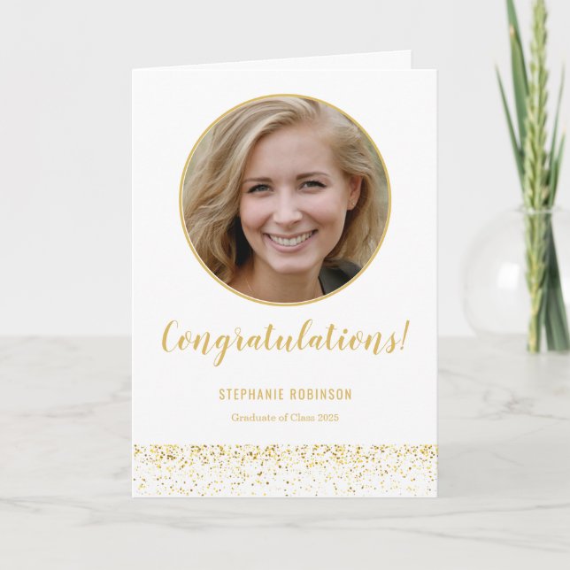 Simple Gold White Confetti Foto Abschluss Karte (Vorderseite)