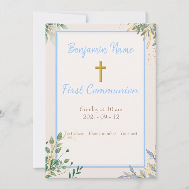 Simple Golden Cross Boy Floral Invitation (Devant)