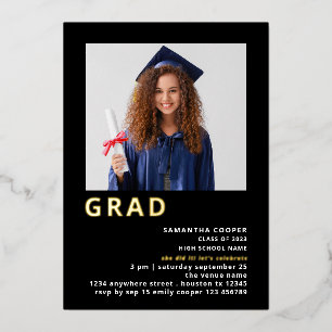Simple Grad 2025 Foto Abschluss Black Gold Real Folieneinladung