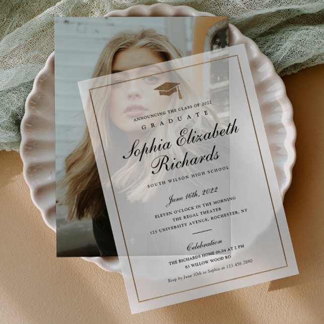 Simple Grad Cap Elegant Gold Abschluss (Elegant Simple Graduation Vellum Invitation. Pair with a photo of the grad or use on its own.)