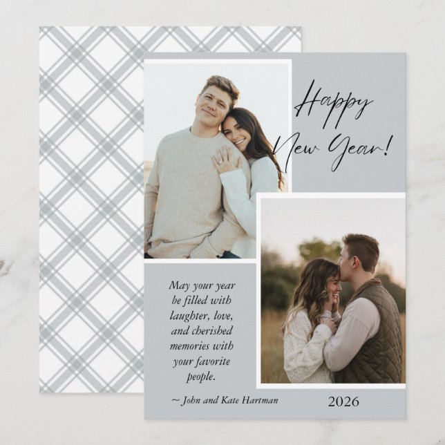 Simple Gray and White New Years Photo Collage Card (Vorne/Hinten)