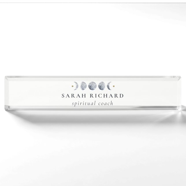Simple Gray Lunar Celestial Moon Phase Wasserfarbe Namensplakette (Vorderseite)