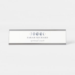 Simple Gray Lunar Celestial Moon Phase Wasserfarbe Schreibtischnamensplakette