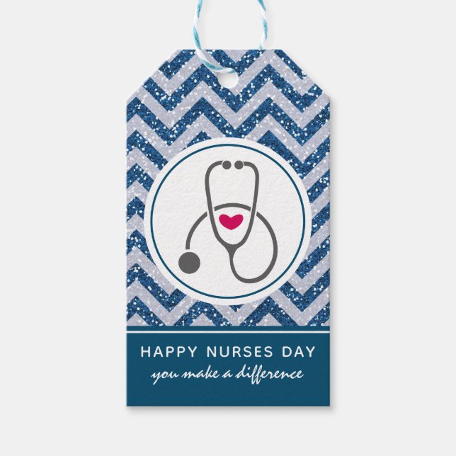 Simple Gray Stethoscope an Blue Zickzack Nurses Da Geschenkanhänger (Vorderseite)