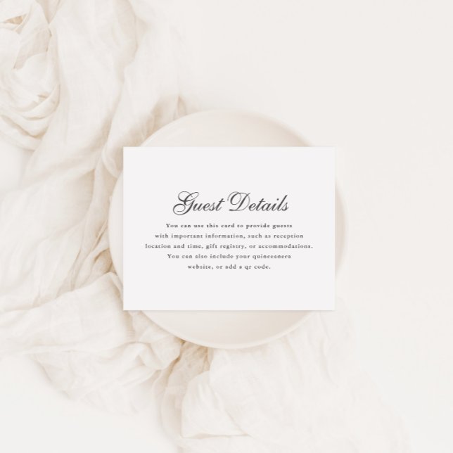 Simple Gray White Calligraphy Quinceanera Details RSVP Karte (Von Creator hochgeladen)