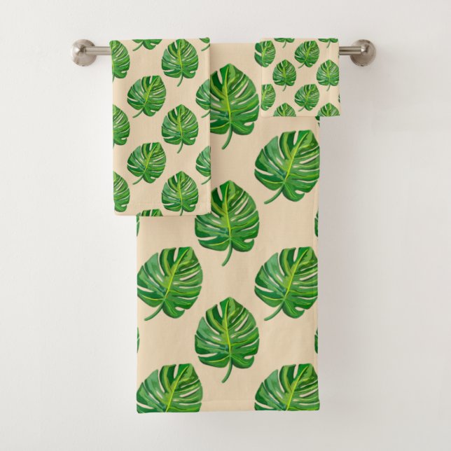 Simple Green Monstera Leaf Pattern on Light Beige (En situation)