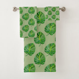 Simple Green Monstera Leaf Pattern on Sage Green Badhandtuch Set