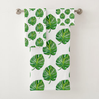 Simple Green Monstera Leaf Pattern on White Badhandtuch Set