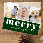 Simple Green Three Custom Foto Christmas Feiertagspostkarte<br><div class="desc">Moderne Weihnachtspostkarte mit drei Foto-Collage und Holiday-Grüße in Weiß auf dunklem Kieferngrün: Fröhlich und hell, in einer Mischung aus klassischer Typografie und schicker, moderner Handschrift. Die Rückseite der Karte enthält Ihre individuelle Weihnachtsmeldung mit Ihrem Nachnamen und Jahr. Passen Sie diese einzigartige minimalistische Vorlage an, indem Sie auf die Schaltfläche "Personalisieren"...</div>