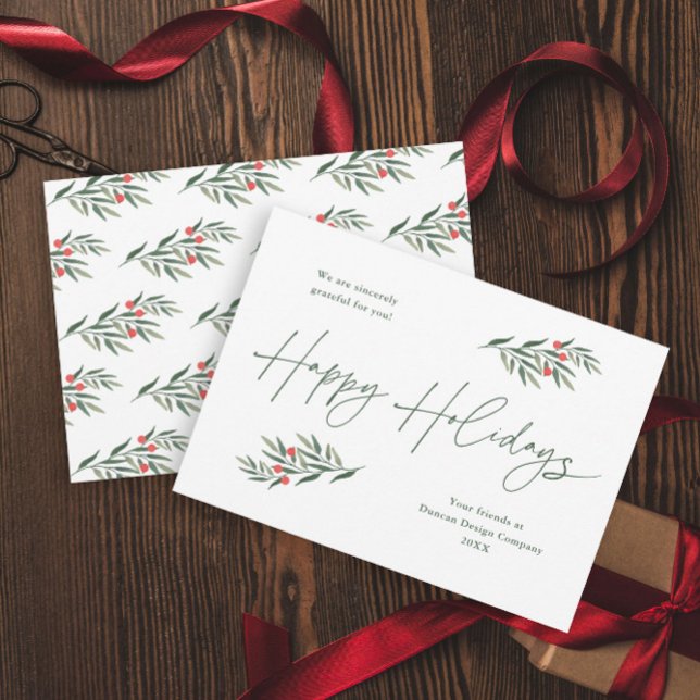 Simple Greenery Blätter Business Feiertagskarte (A simple script greenery leaves green and red business holiday card.)