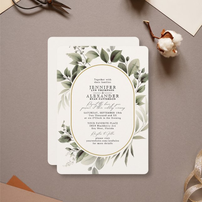 Simple Greenery Eucalyptus Ivory Golden Wedding Einladung (Von Creator hochgeladen)
