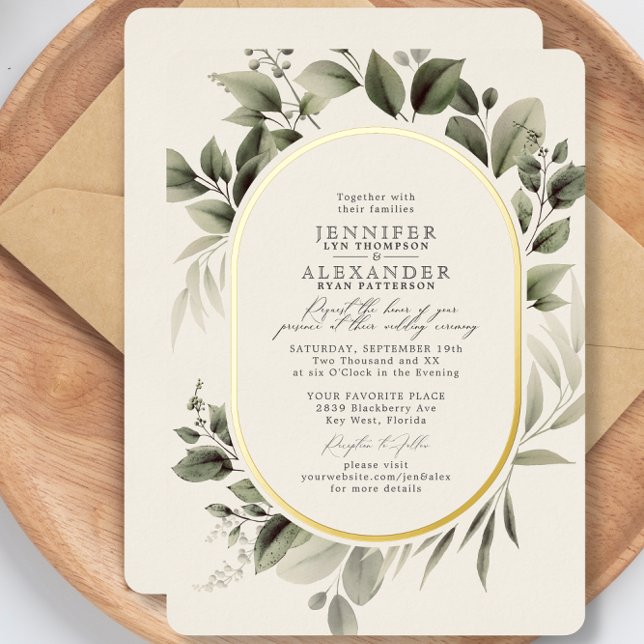 Simple Greenery Eucalyptus Ivory Wedding Gold Folieneinladung (Von Creator hochgeladen)