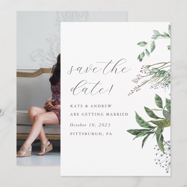 Simple Greenery Meadow Wedding Foto Save the Date (Vorne/Hinten)