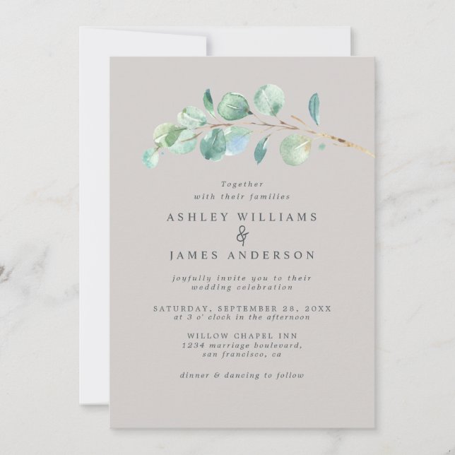 Simple Greenery Pastel Gray Wedding Einladung (Vorderseite)