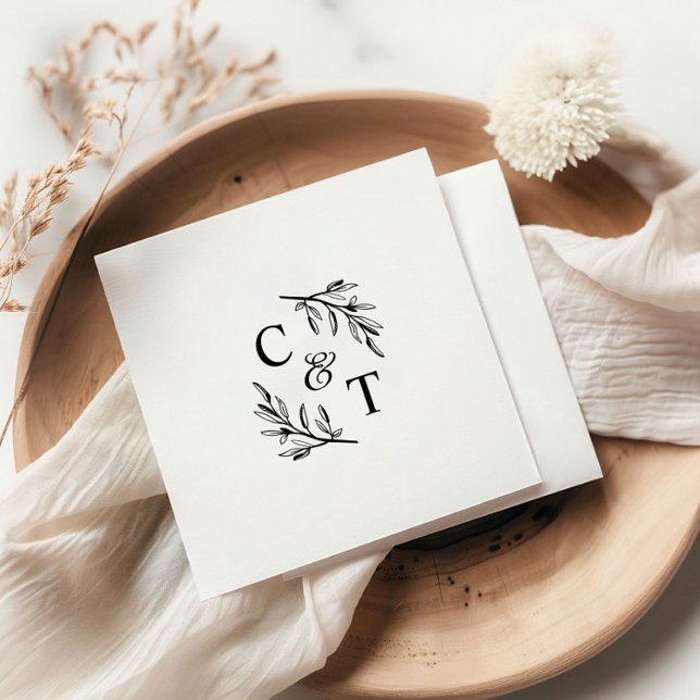 Simple Greenery Wedding Monogram Serviette (Simple Wedding Monogram Greenery Cocktail Party Napkins.)