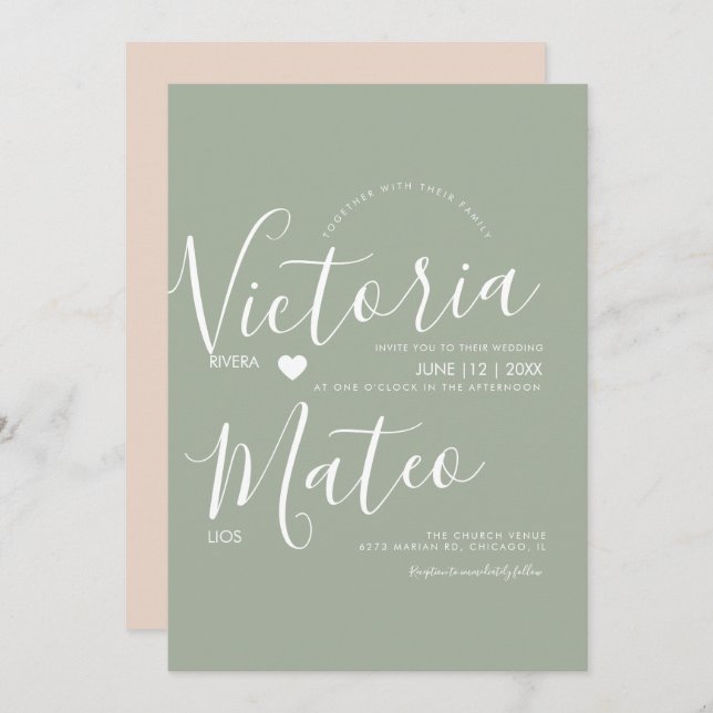 Simple Heart Script Typografy Sage Wedding Einladung (Vorne/Hinten)