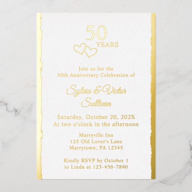 Simple Hearts 50th Wedding Anniversary Party Gold Folieneinladung (Vorderseite)