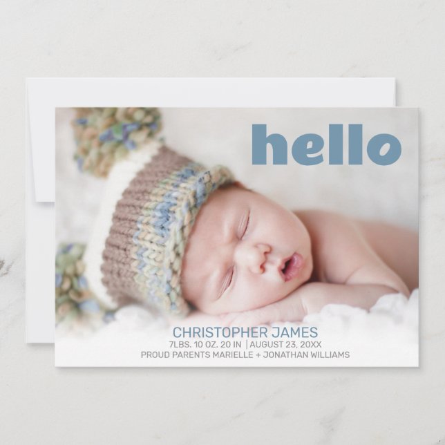 Simple Hello Blue Script Blue Back Baby Boy Foto Ankündigung (Vorderseite)