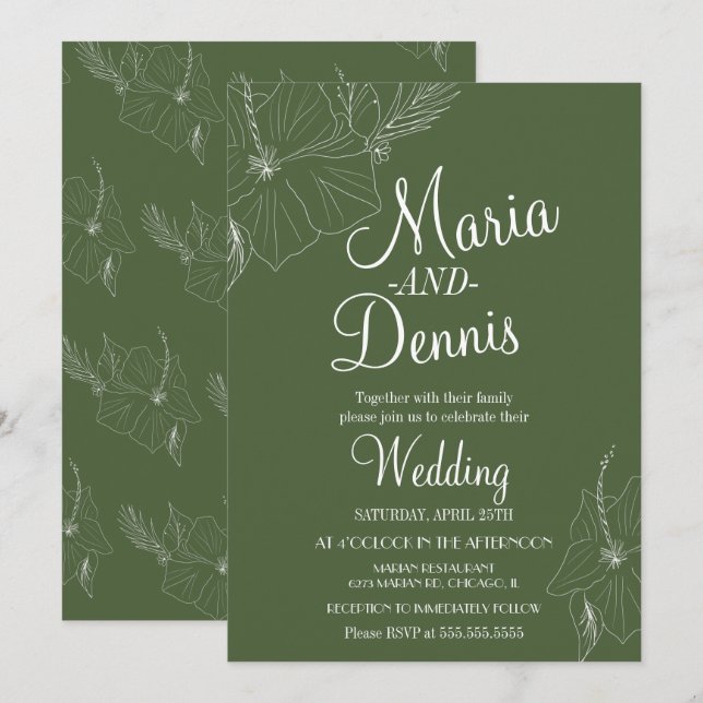 Simple HibiscusTropical Line Green Einladung (Vorne/Hinten)