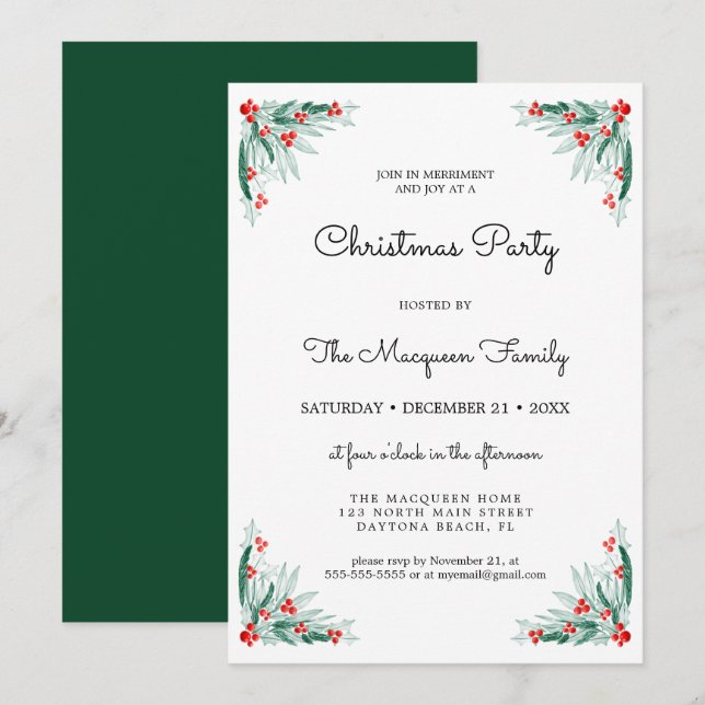 Simple Holly Berry Ivy Verlasse Weihnachts-Party Einladung (Vorne/Hinten)