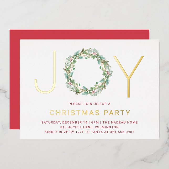 Simple Joy Wreath Elegantes Weihnachts-Party Folieneinladung (Vorderseite/Rückseite)