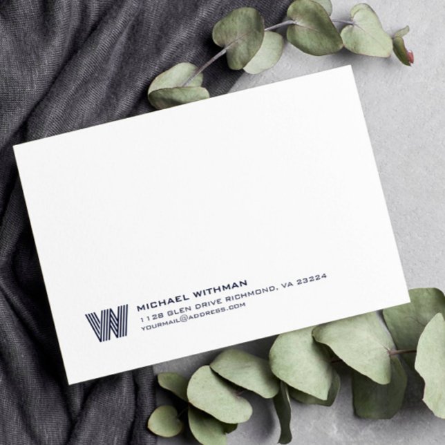 Simple Lines Monogram Initial Name DARK BLUE Mitteilungskarte (Von Creator hochgeladen)