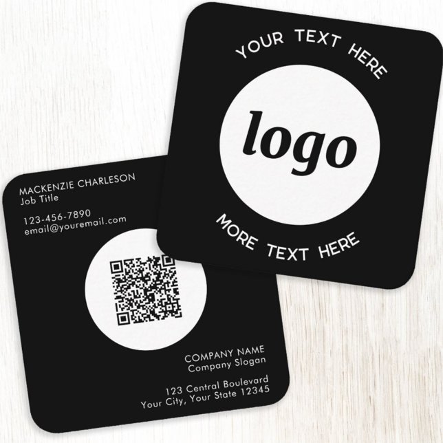 Simple Logo and Text QR Code Black Square Business Quadratische Visitenkarte (Von Creator hochgeladen)