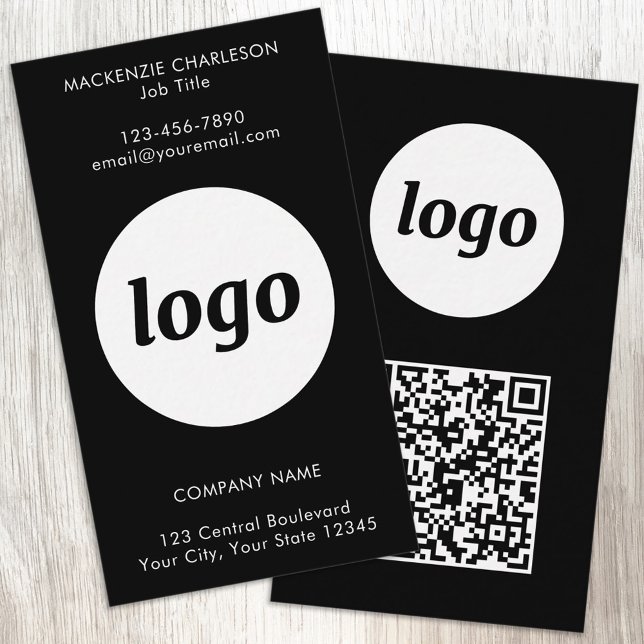 Simple Logo Text QR Code Vertical Black Visitenkarte (Simple logo with custom text and QR code business branding promotional vertical black business cards)