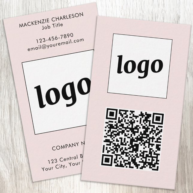 Simple Logo Text QR Code Vertical Blush Pink Visitenkarte (Simple logo with custom text and QR code business branding promotional vertical pink business cards)