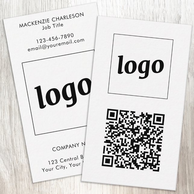Simple Logo Text QR Code Vertical Format Visitenkarte (Simple logo with custom text and QR code business branding promotional vertical business cards)