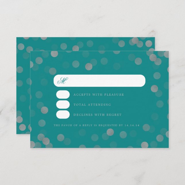 Simple Mariage Argent Confetti RSVP Turquoise (Devant / Derrière)