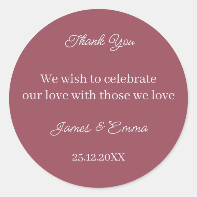 Simple Maroon Personalisiert Wedding Runder Aufkleber (Vorderseite)