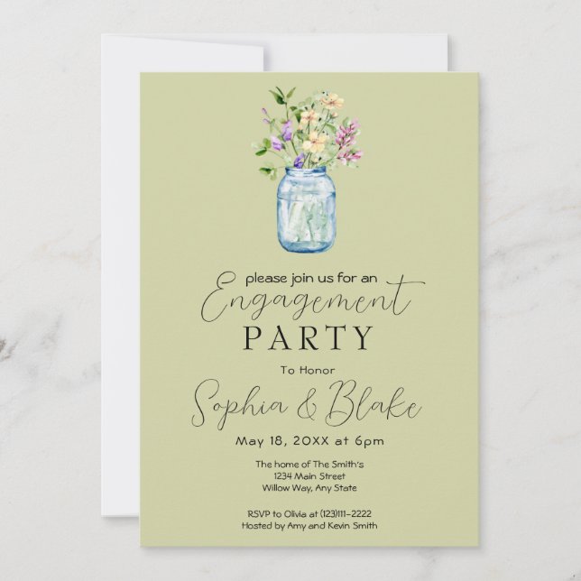 Simple Mason Jar Bouquet Green Engagement Party Einladung (Vorderseite)