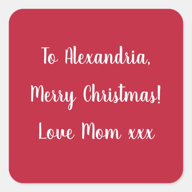 Simple Merry Christmas from Mom Red and White Quadratischer Aufkleber (Vorderseite)