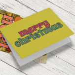 Simple Merry Christmas Retro Vintage Feiertagskarte<br><div class="desc">This simple Christmas card has a retro look with vintage style lettering that spells out the message "Merry Christmas" in red and green against a lime green background. The inside message can be customized with your own greeting.</div>