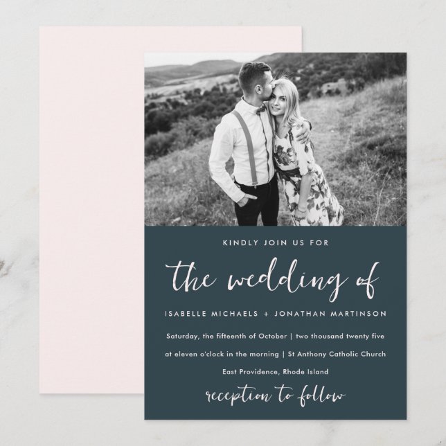Simple Minimal Blue Blush Photo Wedding Einladung (Vorne/Hinten)