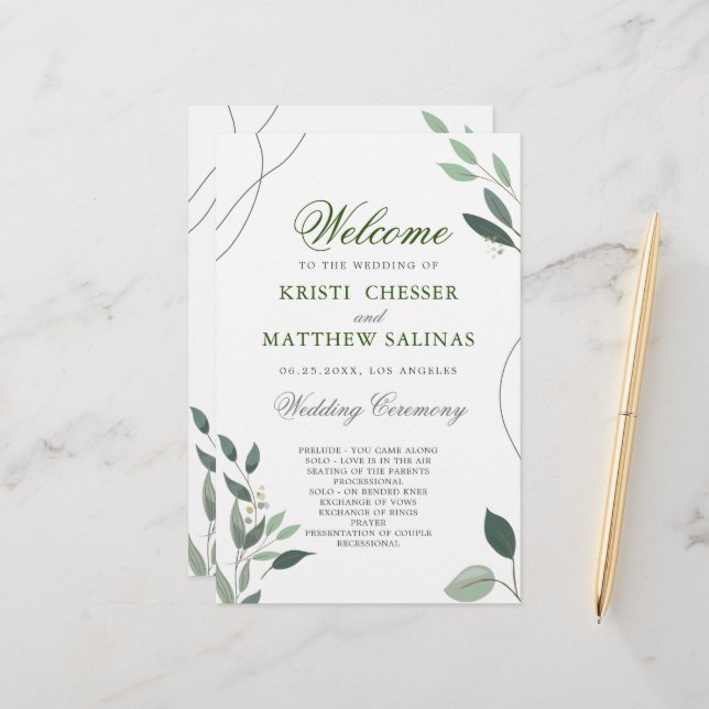 Simple minimal Eucalyptus Programme de mariage ver (Devant/Arrière en situation)