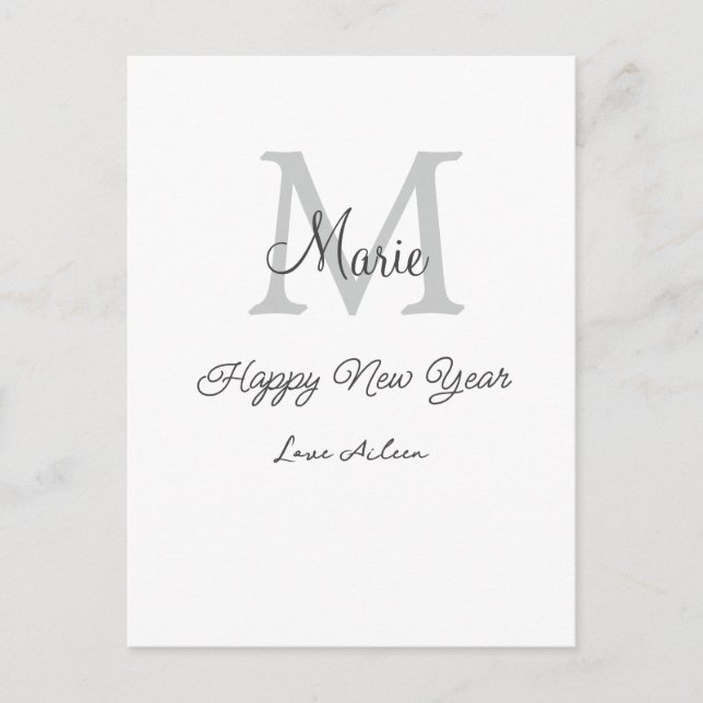 simple minimal happy new year monogram gray name  postkarte (Vorderseite)