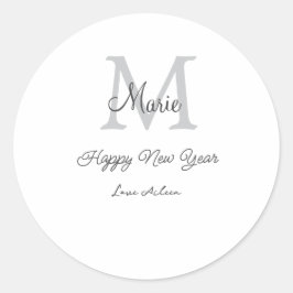 simple minimal happy new year monogram gray name runder aufkleber