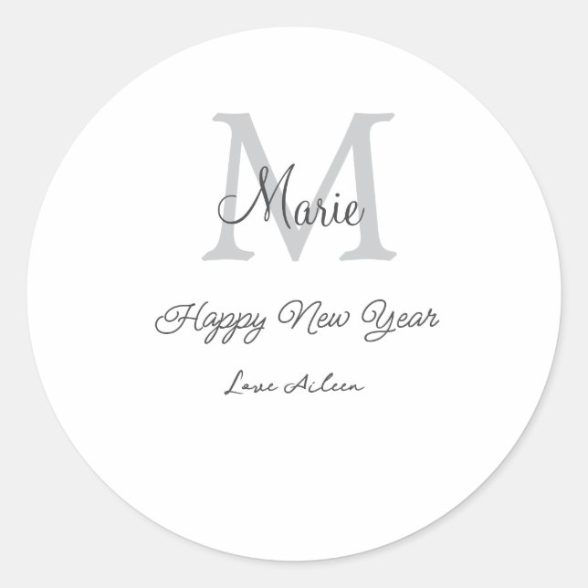 simple minimal happy new year monogram gray name  runder aufkleber (Vorderseite)