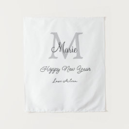 simple minimal happy new year monogram gray name wandteppich