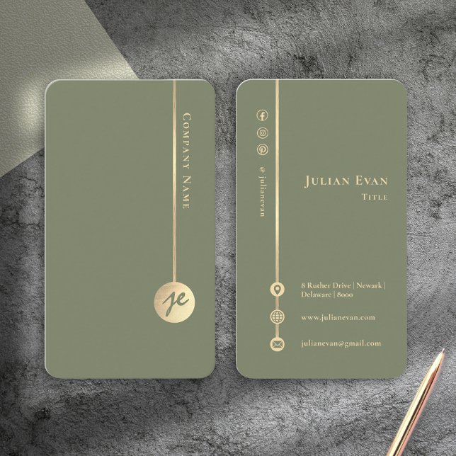 Simple Minimal Monogram Elegant Sage Green & Gold Visitenkarte (Simple Minimal Monogram Elegant Sage Green & Gold Business Card)