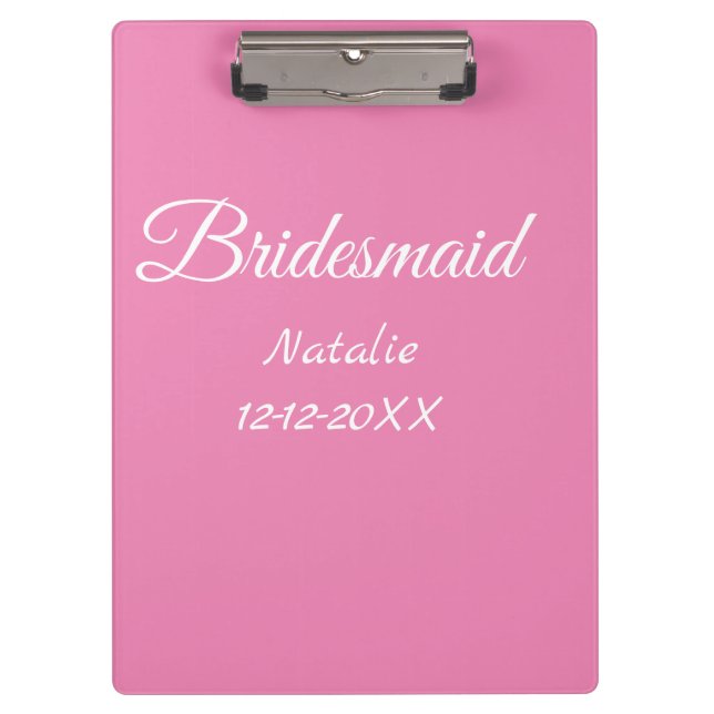 Simple minimal pink bridesmaid add name year text  klemmbrett (Vorderseite)