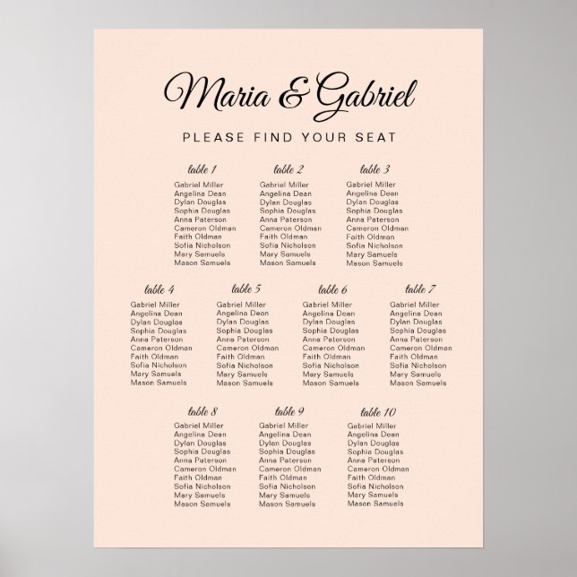Simple minimal. Pink Wedding Seating Chart Poster (Vorne)